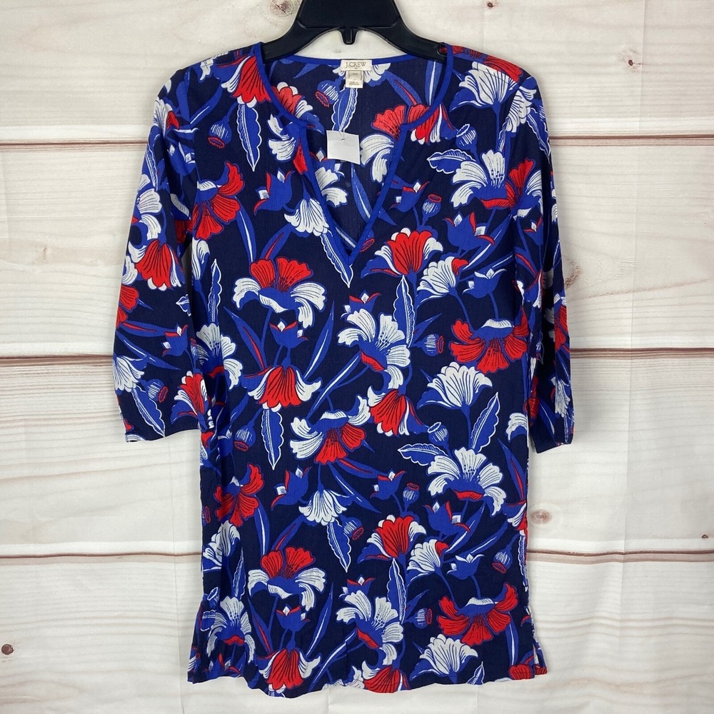 J. Crew Top Womens XXS 2XS Blue Red Floral Blouse Tunic 3/4 Sleeve Cotton V-Neck